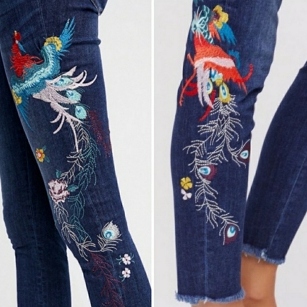 Free People Embroidered Dark Blue Jeans
